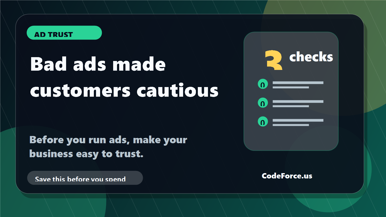 Social image for a CodeForce post about ad trust, scam ads, and small business marketing credibility.