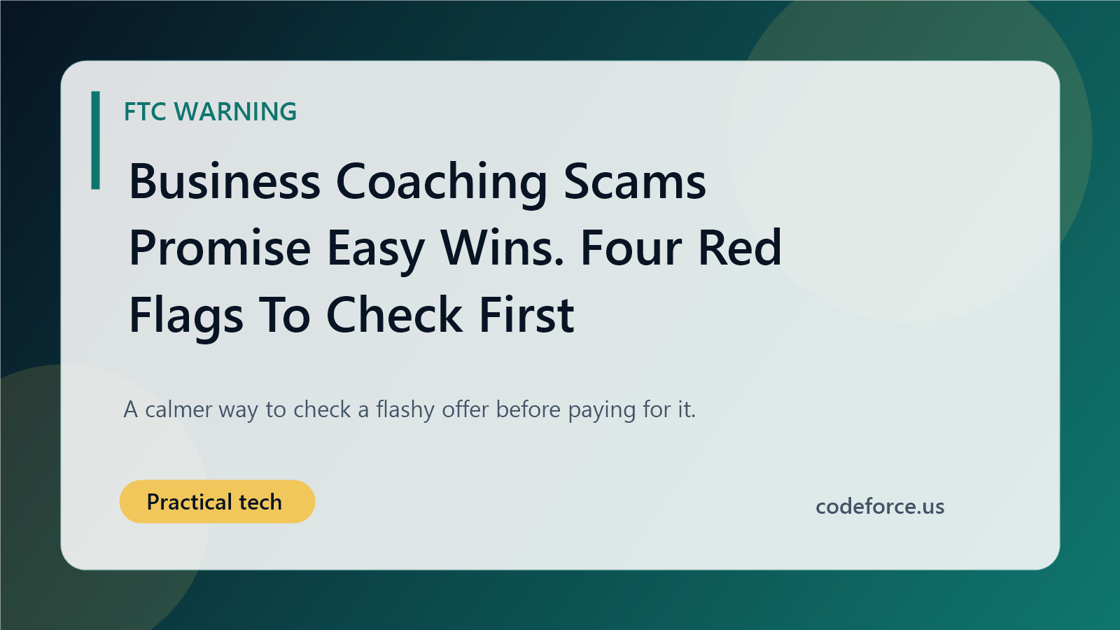 Illustrated blog cover about business coaching scam red flags for small business owners.