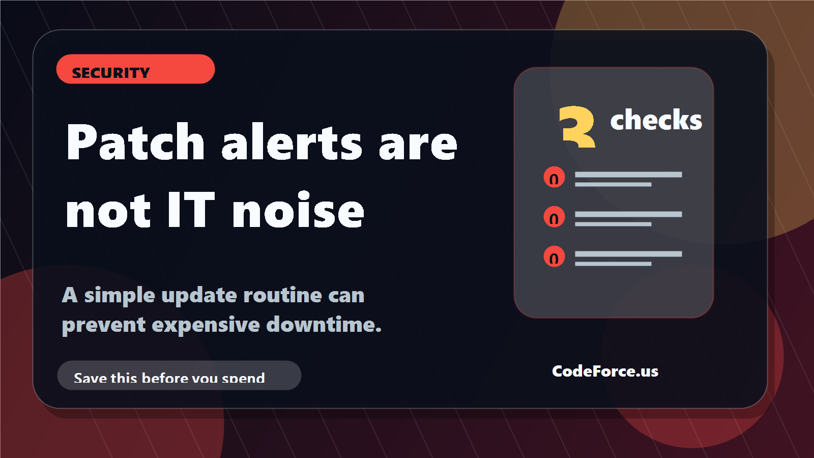 Social image for a CodeForce post about CISA patch alerts and small business update routines.