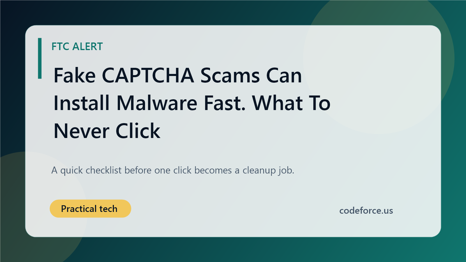 Illustrated blog cover about fake CAPTCHA scams and a simple malware safety checklist.