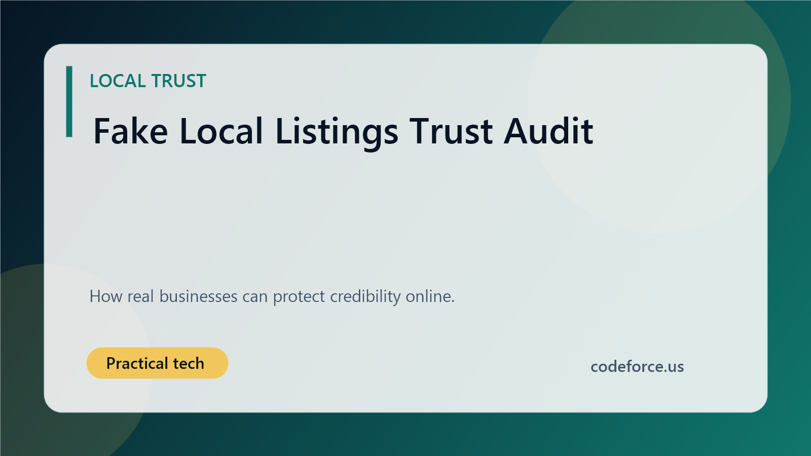Illustrated blog cover about auditing fake local listings and trust signals.