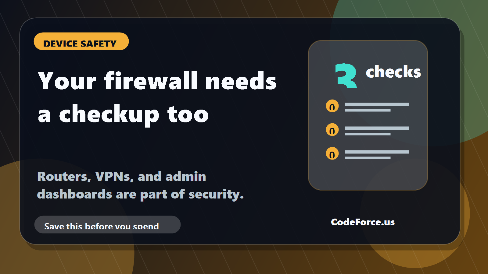 Social image for a CodeForce post about firewall, router, VPN, and network device hardening.