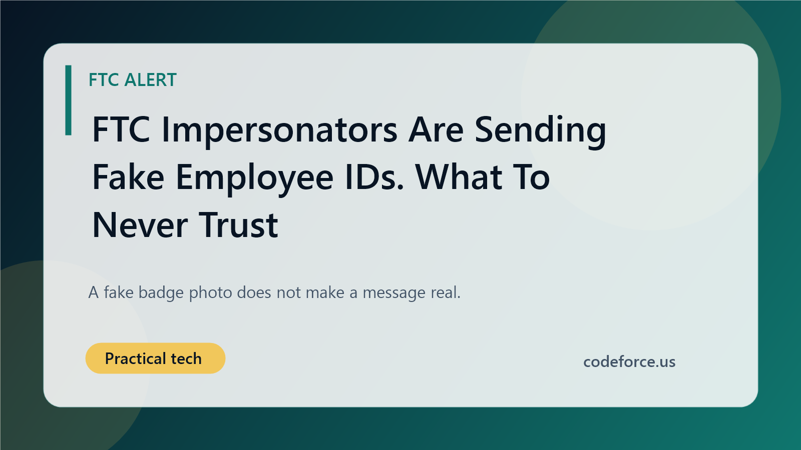 Illustrated blog cover about FTC impersonator scams using fake employee IDs by text.
