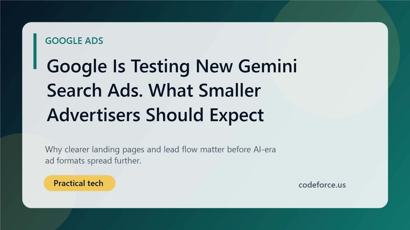 Illustrated blog cover about Gemini-powered Search ads and what they mean for small advertisers.