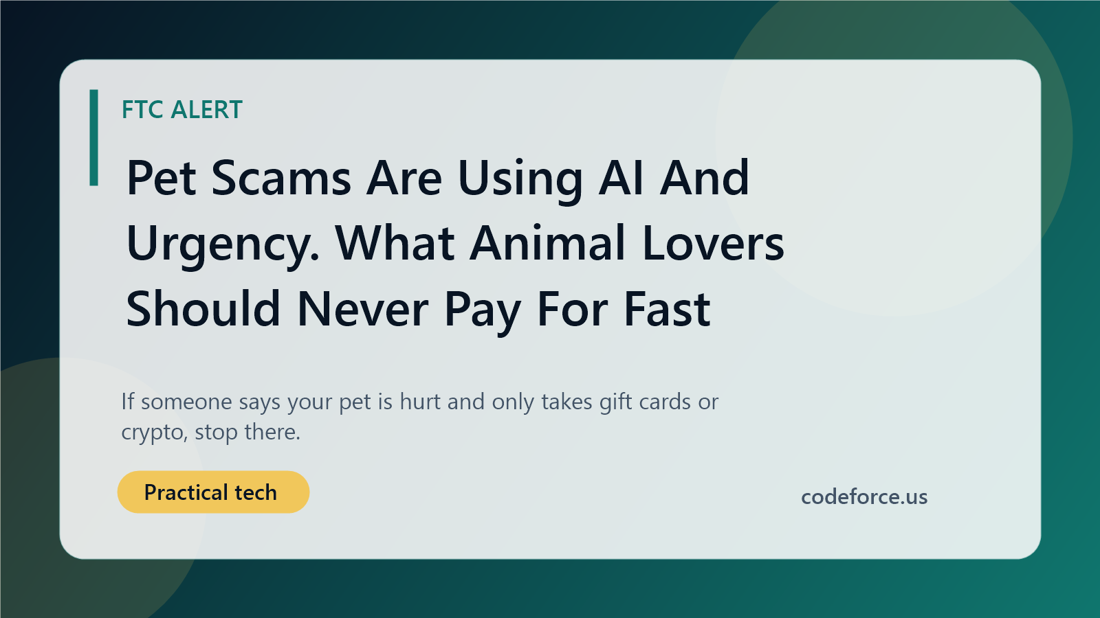 Illustrated blog cover about pet scams using AI deepfakes and fake emergencies.