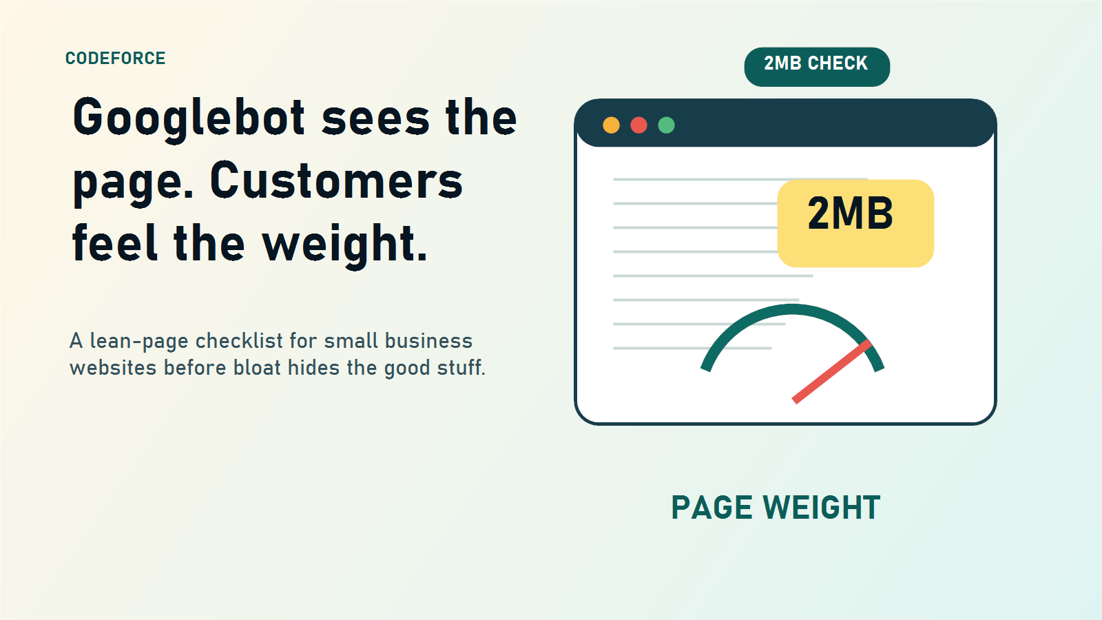 Illustration of a heavy website page with a 2MB marker and page weight gauge for small business SEO.