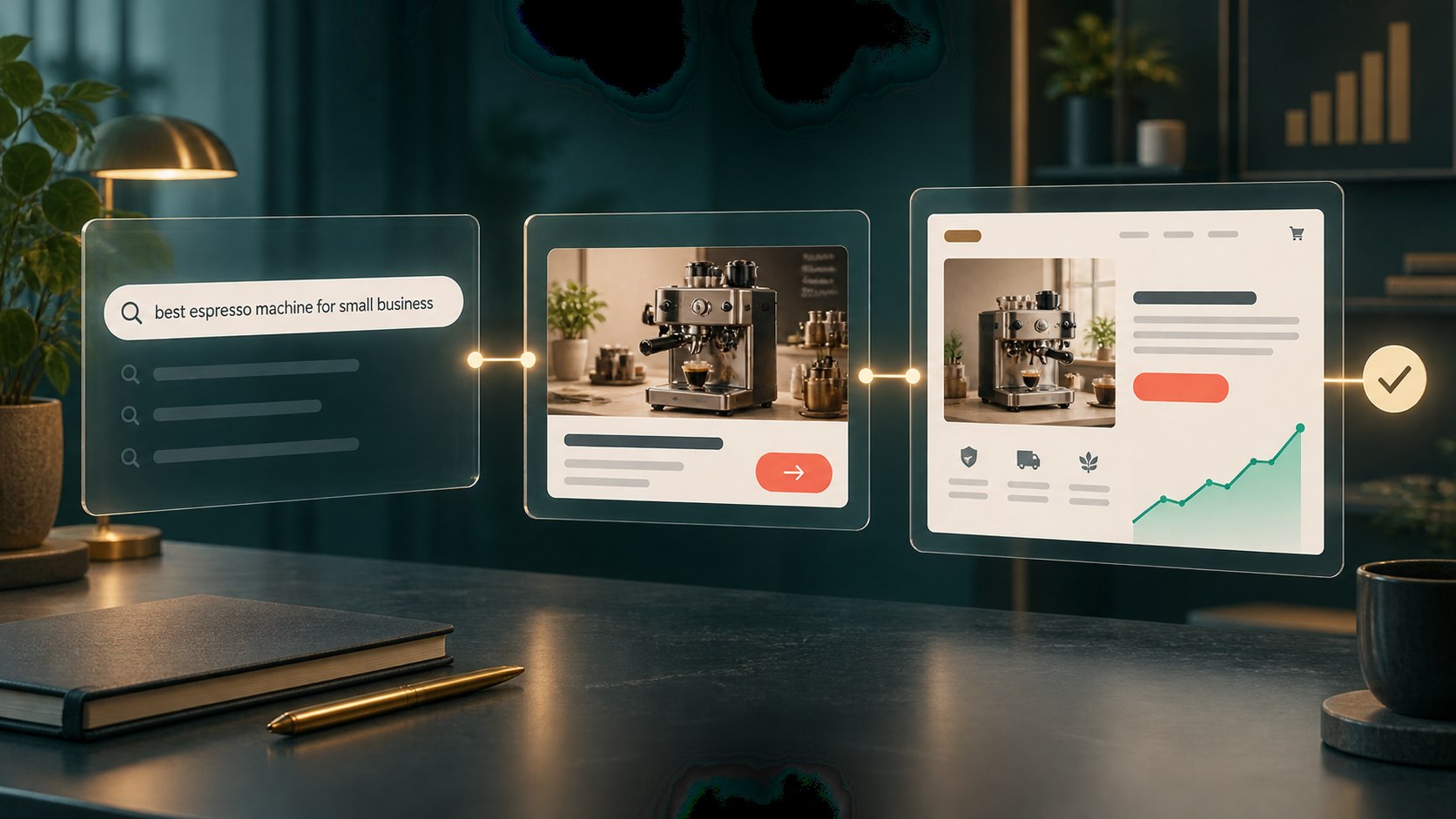 Connected panels showing a customer search, ad creative, landing page, and conversion path in Google Ads AI Max reporting