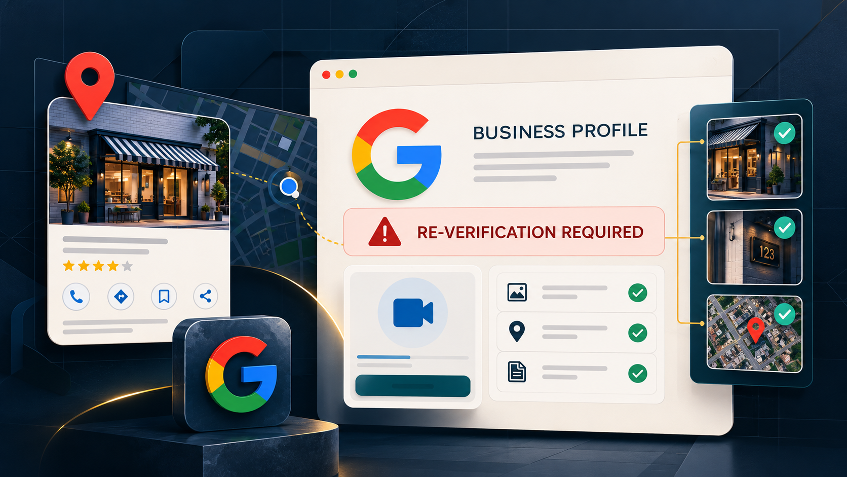Google Business Profile re-verification dashboard with map, storefront, video verification, and evidence checklist