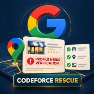 Google Business Profile verification rescue graphic with Google G, storefront, map pin, and evidence checklist