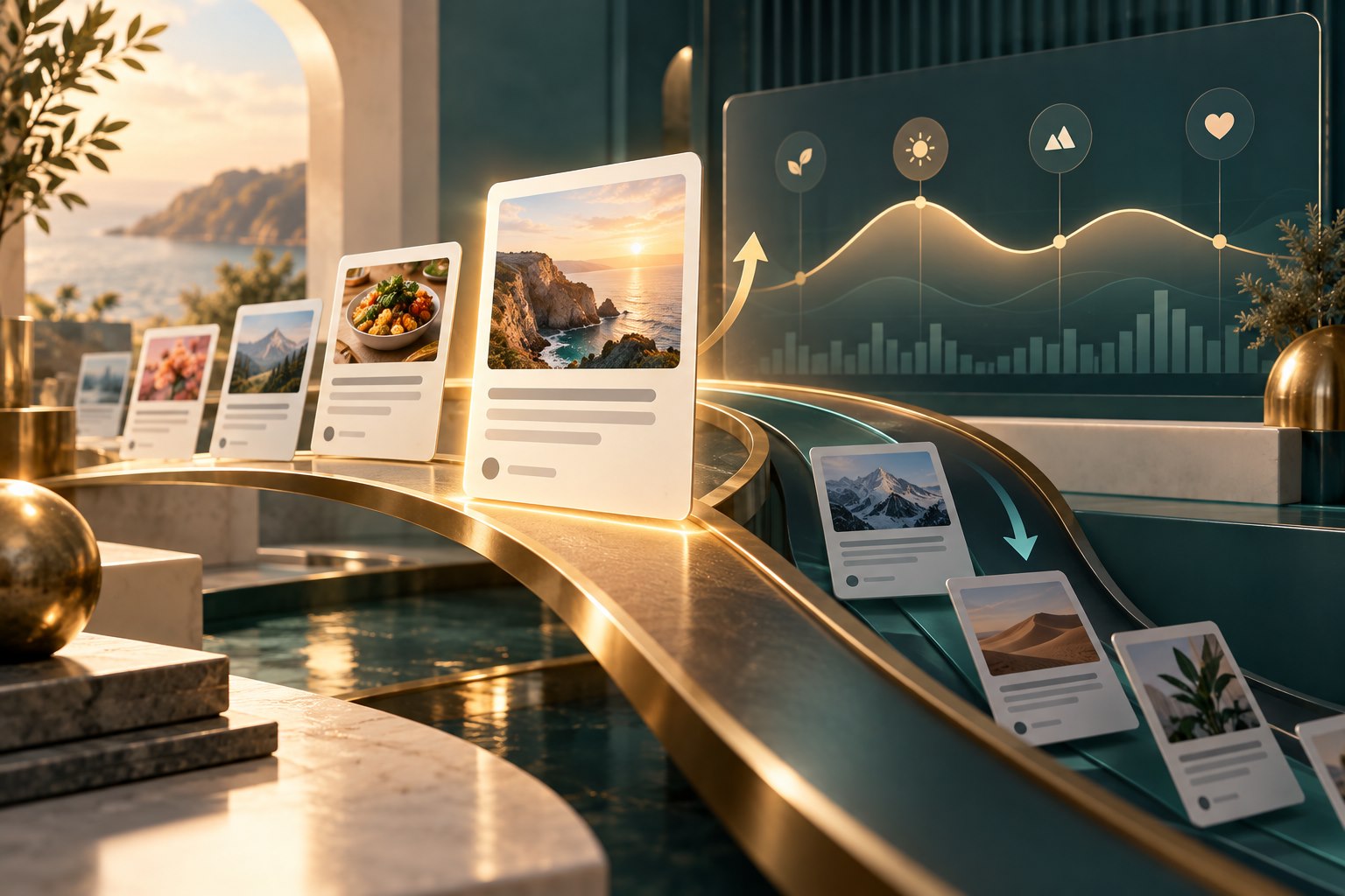 Article cards moving through changing audience-interest waves beside a Google Discover traffic chart