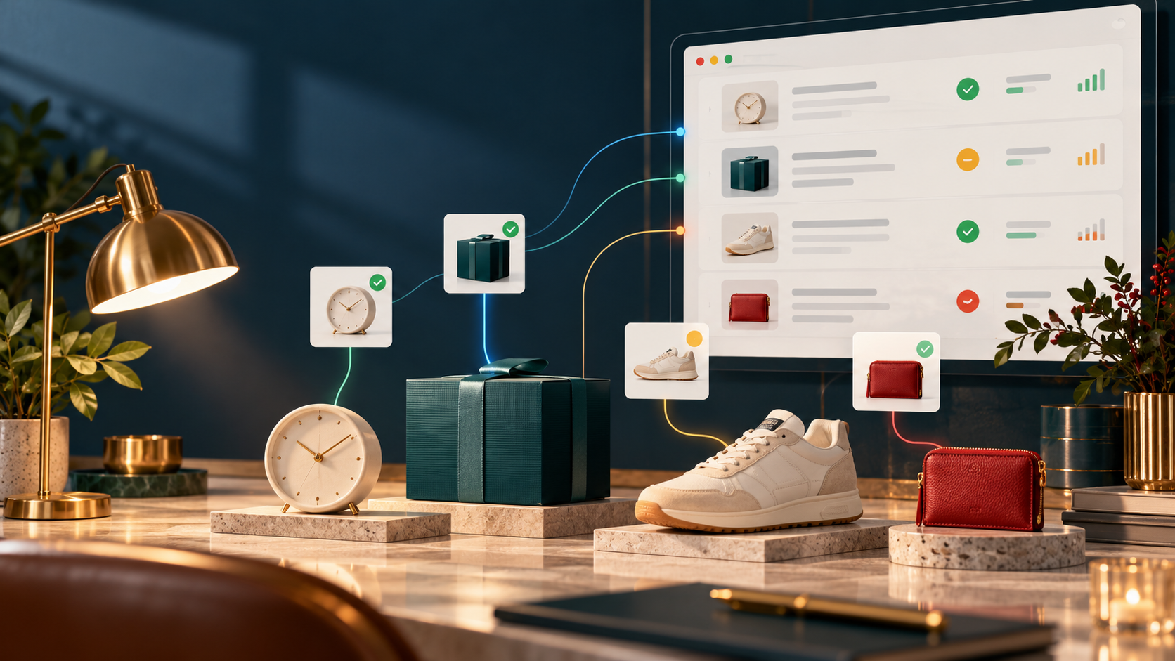 Retail products connected to a clean Merchant Center product feed dashboard with status checks