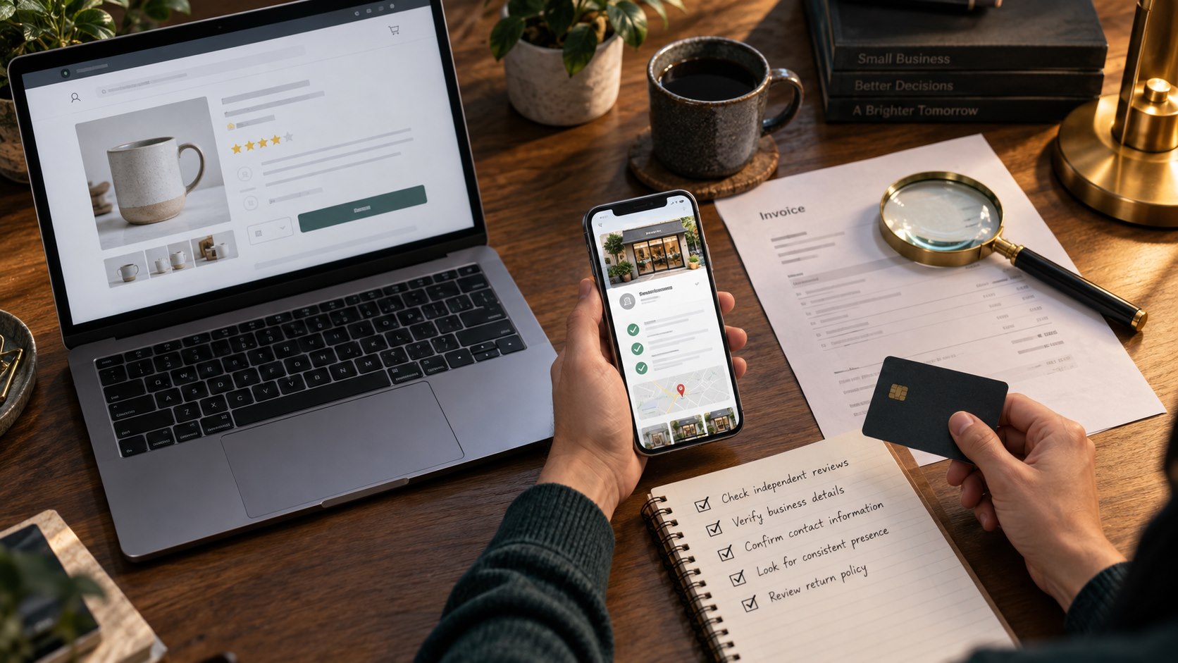 Buyer comparing a seller listing, independent business profile, invoice, and payment details before paying