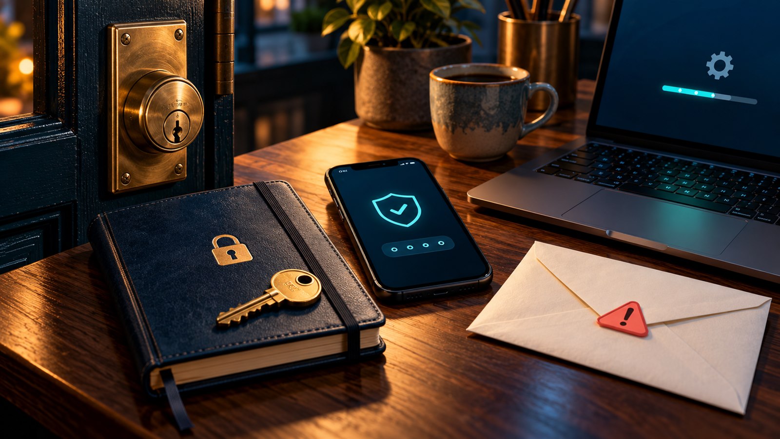 Small-business security desk with a strong door lock, password vault, multifactor authentication phone, software update, and suspicious email warning