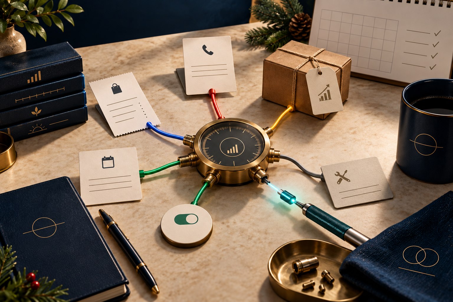 Premium measurement workbench connecting an in-store sale, phone lead, appointment, package, and consent signal to a central brass conversion gauge