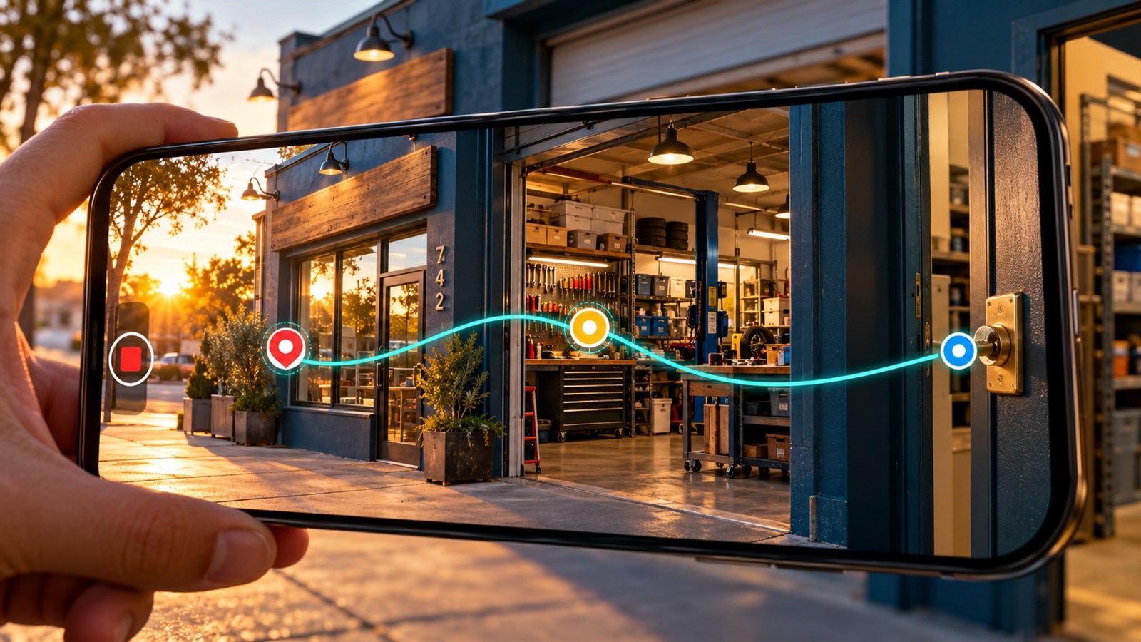 Smartphone recording a continuous Google Business Profile verification route from a storefront location through business tools to an employee-only locked door