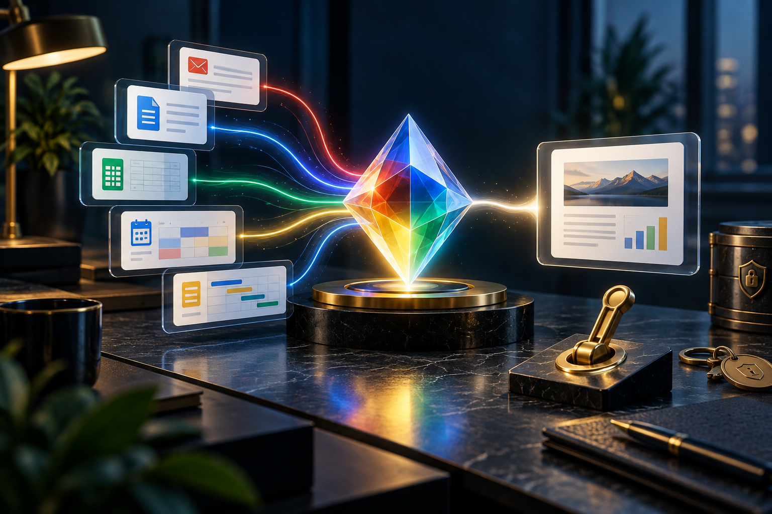 Premium AI work hub routing email, documents, spreadsheets, and calendar tasks through a colorful agent with a human approval switch and secure permission keys