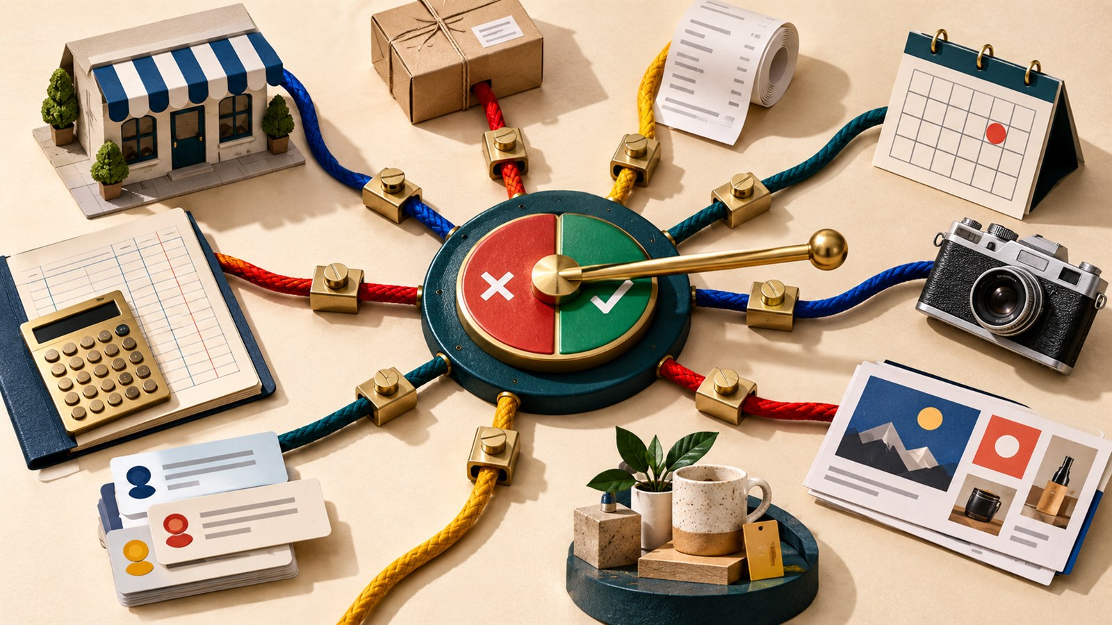 Editorial tabletop of a small storefront, accounting, shipping, calendar, customer, and content tools connected through approval gates to a central AI business hub