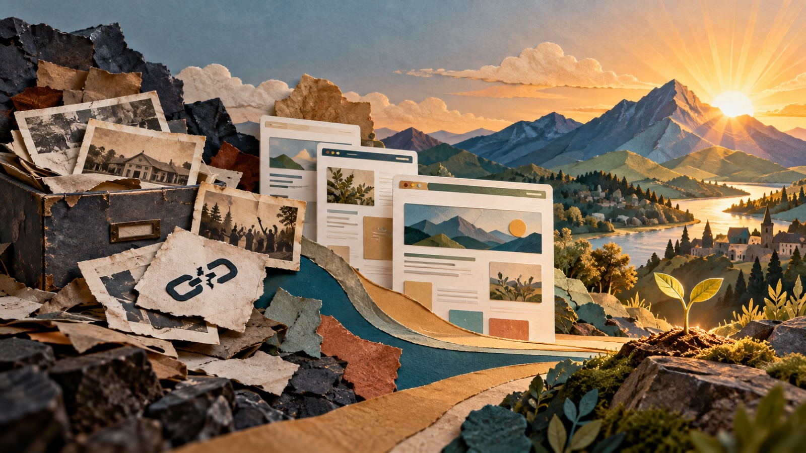 Editorial collage showing lost nonprofit website archives becoming restored web pages, a mountain sunrise, and a new seedling