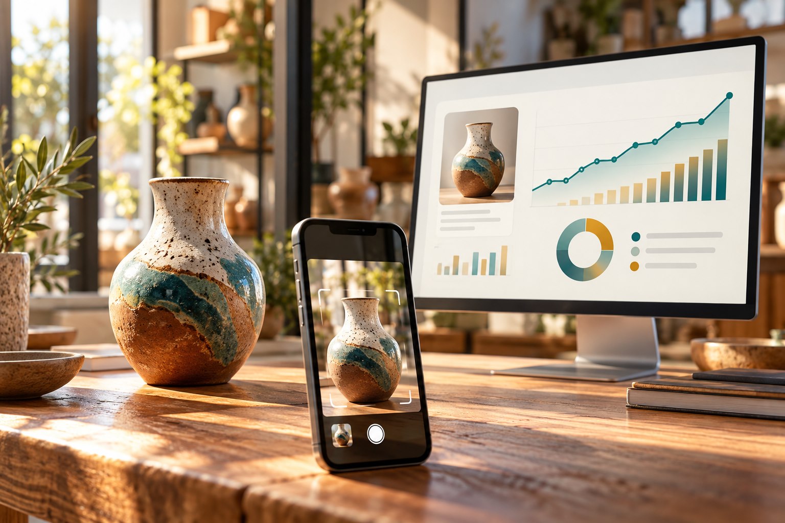 A smartphone visually searching for a handcrafted ceramic vase beside a Search Console-style analytics display