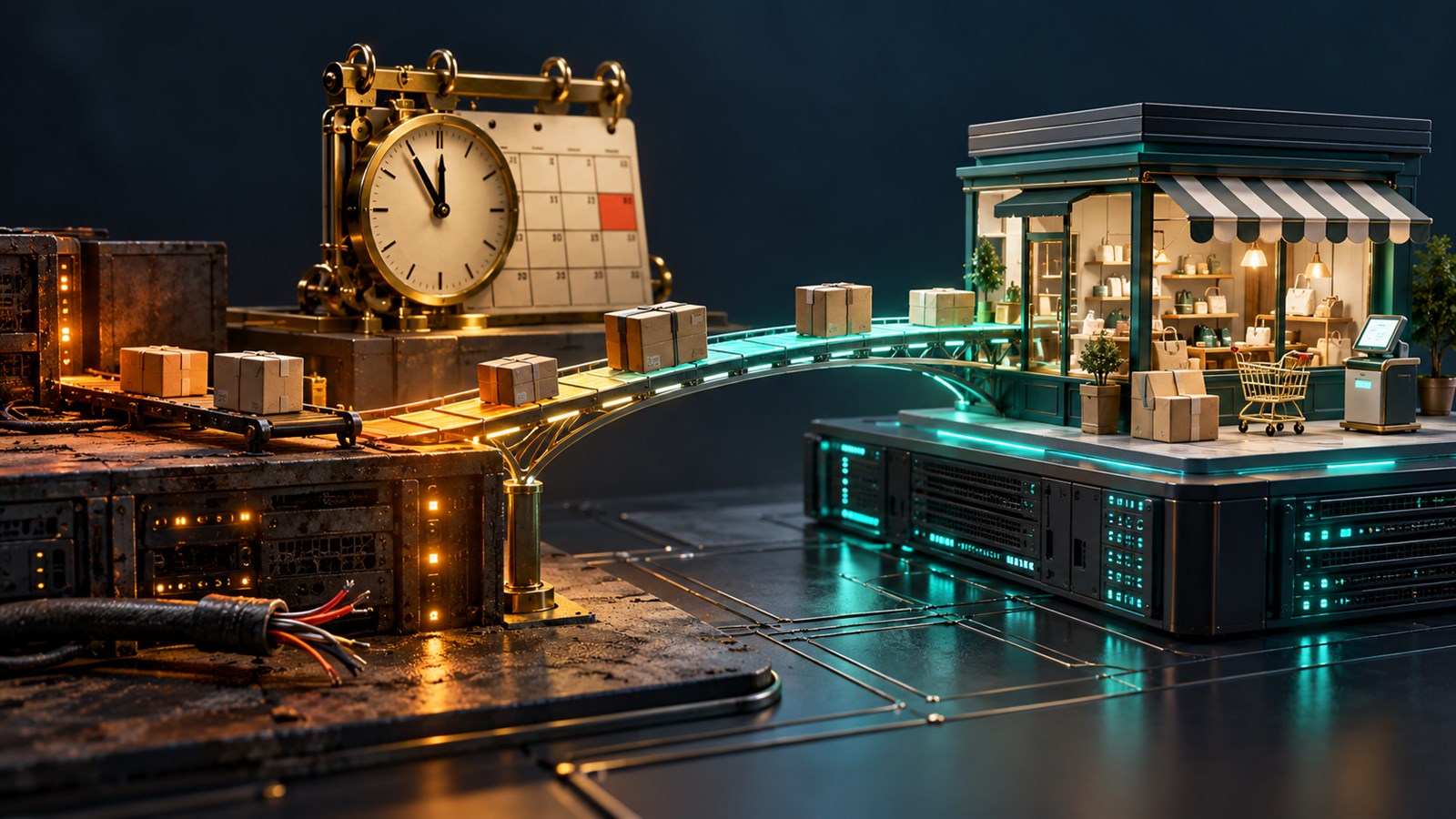 Miniature online store moving parcels across an upgrade bridge from an aging server to a modern ecommerce server before a deadline