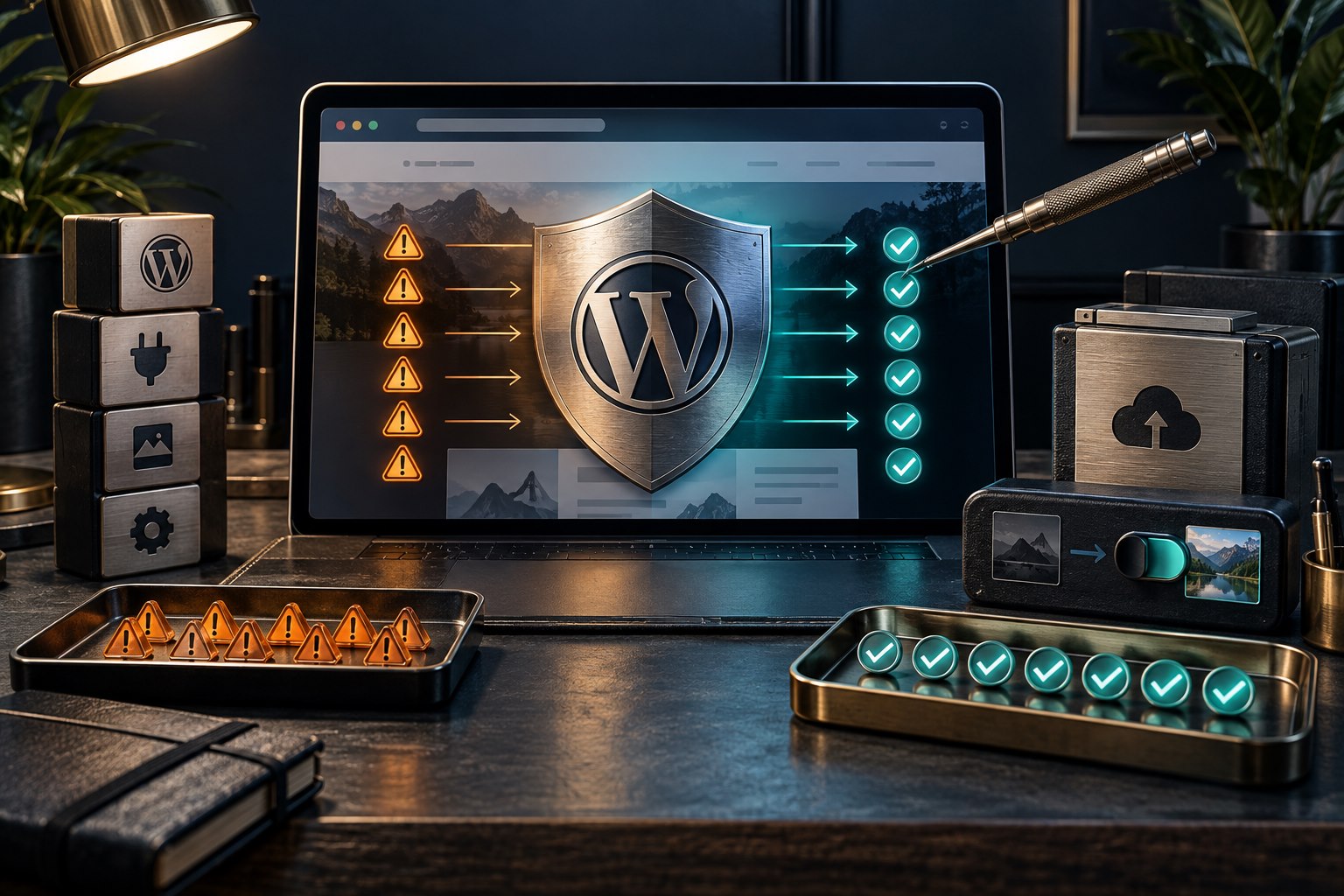 Premium website maintenance workbench showing a WordPress shield turning seven amber security warnings into seven teal checks beside backup and staging controls